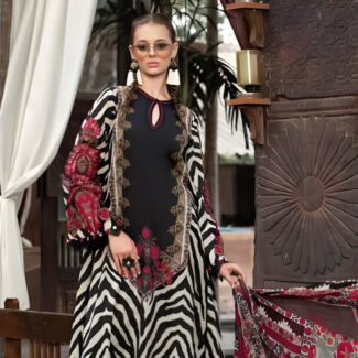 BLACK 3PC UNSTITCHED COTTON WITH COTTON DUPATTA