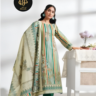 GREEN LINED 3PC UNSTITCHED COTTON WITH COTTON DUPATTA