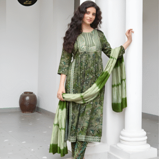 GREEN 3PC STITCHED RAYON WITH COTTON DUPATTA