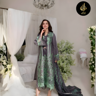 GREY-GREEN 3PC UNSTITCHED LAWN WITH COTTON DUPATTA